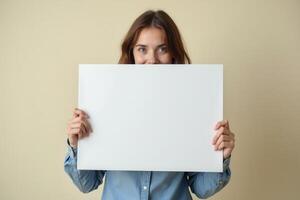 Woman in Denim Shirt Holding Blank White Sign photo