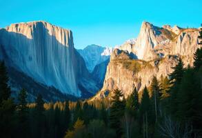 Majestic Cliffs and Forest at Sunset in Yosemite National Park photo