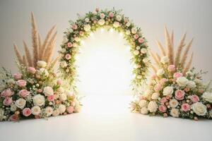 Floral Archway with White and Pink Roses and Pampas Grass photo