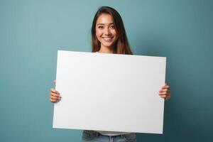 Smiling Woman Holding a Blank White Poster photo