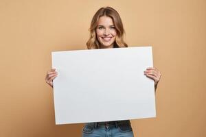 Smiling Woman Holding a Blank White Sign photo