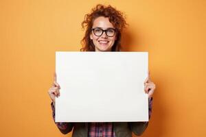 Smiling Woman Holding a Blank White Sign photo