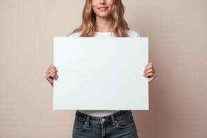 Woman Holding Blank White Sign in Front of Her photo