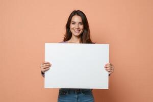 Smiling Woman Holding Blank White Sign Against Peach Background photo