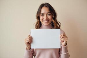 Smiling Woman Holding Blank White Paper In Front Of Her Face photo