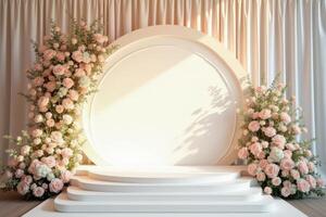 White Platform with Floral Arrangements and a Round Backdrop photo