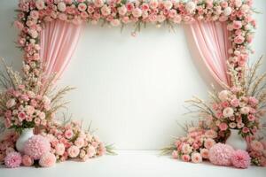 Pink Rose Floral Archway with Pink Drapes and Vases photo