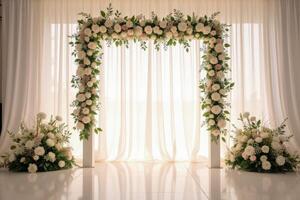 White Floral Archway Decorated with Roses and Greenery photo