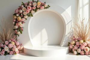 White Circular Platform with Floral Decorations photo