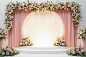 Floral Decorated Wedding Stage with Circular Arch and Pink Drapes photo