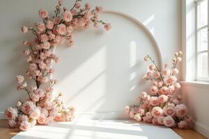 Pink Roses Arranged Around a White Wall with an Arch and Window photo