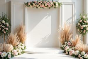 White Floral Archway with Round Platform and Pampas Grass photo