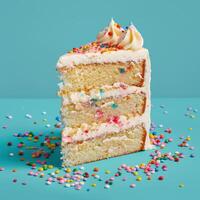 A Slice of Birthday Cake with Sprinkles on a Turquoise Background photo
