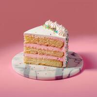 A Slice of Vanilla Cake with Pink Frosting and Sprinkles on a Marble Plate photo
