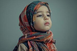 Young girl wearing a patterned headscarf looking up photo