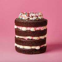 Multi-Layered Chocolate Cake with Pink and White Frosting and Sprinkles photo