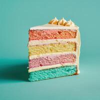 A Slice of Multicolored Layered Cake with White Frosting photo