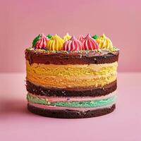 Multi-Layered Chocolate Cake with Colorful Icing and Sprinkles photo
