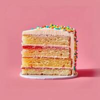 A Slice of Vanilla Cake with Strawberry Filling and Sprinkles photo
