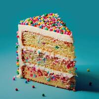 A Slice of Colorful Sprinkle Cake on Teal Background photo