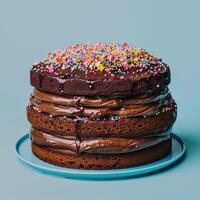 Multi-Layered Chocolate Cake with Sprinkles and Chocolate Frosting photo