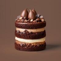 Layered Chocolate Cake with Whipped Cream and Chocolate Decorations photo