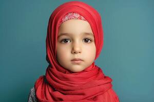 Young Girl in Red Headscarf with a Serious Expression photo