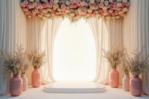 White Stage with Pink Vases and Flower Archway photo