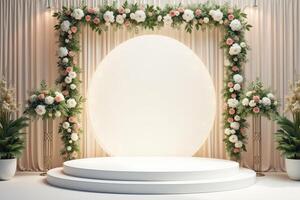White Circular Podium Decorated with Floral Arch and Curtains photo