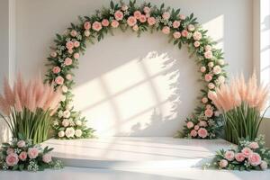 White Platform Decorated with Pink Roses and Pampas Grass photo