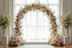 Floral Archway with Pink Roses and Greenery in a Window photo
