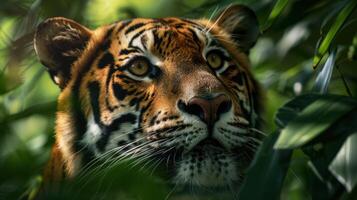 A Tiger's Close-Up Gaze Through Lush Foliage photo