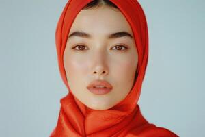 Close-up Portrait of a Woman Wearing a Red Scarf photo