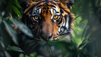 Tiger's Face Partially Hidden by Lush Green Foliage photo