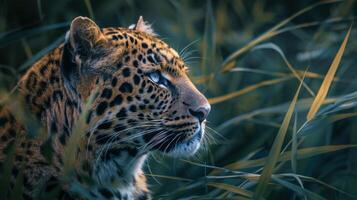 A Leopard's Profile Amongst Lush Green Foliage photo