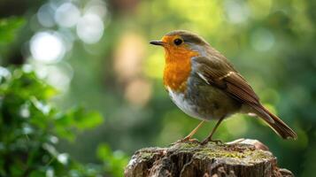 A Robin Perched on a Mossy Stump in a Forest Setting photo