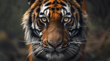 Close-up of a Tiger's Face with Intricate Stripes and Whiskers photo