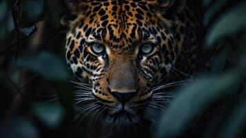Close-up of a Leopard's Face Hidden in Foliage photo