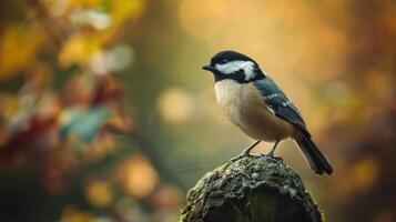 A Black-Capped Chickadee Perched on a Mossy Stump photo