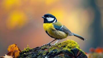 A Blue Tit Perched on a Mossy Log in Autumnal Forest photo