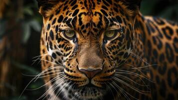 Close-up of a Leopard's Face with Sharp Focus on Its Eyes and Whiskers photo