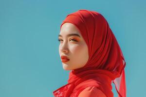Woman in Red Headscarf with Blue Background photo