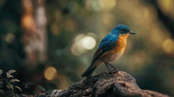 Blue and Orange Bird Perched on a Branch in a Forest photo