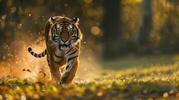 A Tiger Running Through Golden Sunlight in a Forest photo