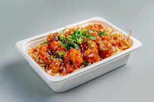 Glazed Shrimp with Sesame Seeds and Green Onions in a White Container photo