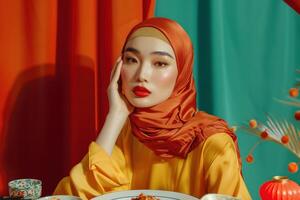 Portrait of a Woman in a Red and Yellow Outfit photo