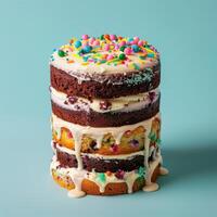 Multi-Layered Cake with Drizzled Icing and Colorful Sprinkles photo