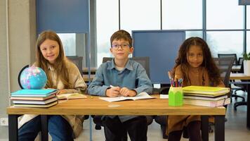 Group of diverse pupils posing and looking at camera in classroom video