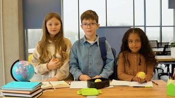 Diverse pupils at school lunch table smiling to camera video