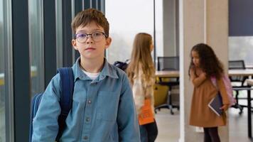 Portrait of schoolboy looking at camera, classmates on background video